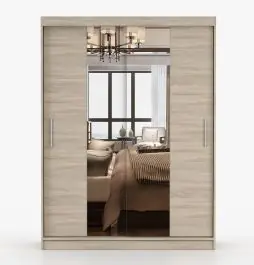 Direktkauf Kleiderschrank / Schiebetürenschrank | Bucegi11 | Grau | Spiegel | 2 Türen | 200 x 150 x 61 cm | 6 Fächer | Kleiderstange | Griffe: Aluminium