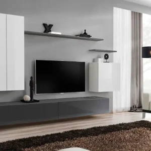 Schlichte Wohnwand Balestrand 23, Farbe: Weiß / Grau - Abmessungen: 160 x 270 x 40 cm (H x B x T), mit fünf Türen Knallerangebot