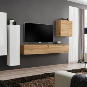 Bestpreis Wohnwand mit stylischen Design Balestrand 44, Farbe: Weiß / Eiche Wotan - Abmessungen: 160 x 330 x 40 cm (H x B x T), mit fünf Türen