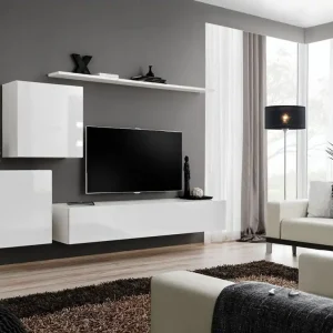 Neu Wohnwand im modernen Design Balestrand 65, Farbe: Weiß - Abmessungen: 150 x 250 x 40 cm (H x B x T), mit Push-to-open Funktion