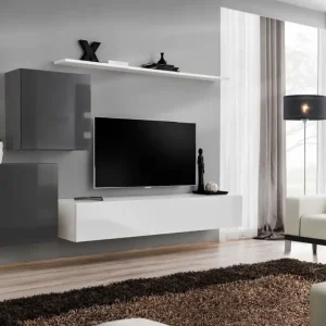 Außergewöhnliche Wohnwand Balestrand 72, Farbe: Grau / Weiß - Abmessungen: 150 x 250 x 40 cm (H x B x T), mit drei Türen Preisreduziert