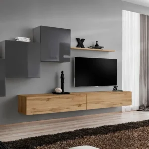 Aktuell Wohnwand im modernen Design Balestrand 160, Farbe: Grau / Eiche Wotan - Abmessungen: 150 x 330 x 40 cm (H x B x T), mit 10 Fächern und fünf Türen