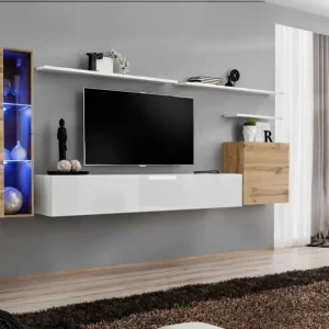 Abverkauf Moderne Wohnwand Balestrand 171, Farbe: Eiche Wotan / Weiß - Abmessungen: 160 x 330 x 40 cm (H x B x T), mit genügend Stauraum