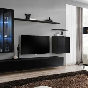 Wohnwand Balestrand 178, Farbe: Schwarz - Abmessungen: 160 x 270 x 40 cm (H x B x T), mit Push-to-open Funktion Saisonangebot