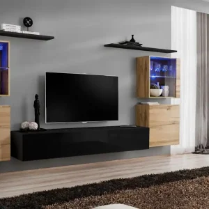 Außergewöhnliche Wohnwand Balestrand 221, Farbe: Eiche Wotan / Schwarz - Abmessungen: 160 x 320 x 40 cm (H x B x T), mit genügend Stauraum Letzte Chance