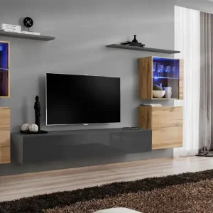 Wohnwand mit LED-Beleuchtung Balestrand 223, Farbe: Eiche Wotan / Grau - Abmessungen: 160 x 320 x 40 cm (H x B x T), mit 11 Fächern Abverkauf