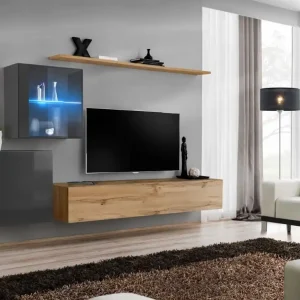 Wohnwand mit sieben Fächern Balestrand 240, Farbe: Grau / Eiche Wotan - Abmessungen: 150 x 250 x 40 cm (H x B x T) Versand Am Gleichen Tag