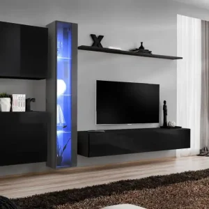 Elegante Wohnwand Balestrand 249, Farbe: Grau / Schwarz - Abmessungen: 180 x 330 x 40 cm (H x B x T), mit Push-to-open Funktion Preis Gesenkt