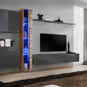 Wohnwand mit zwei Hängevitrinen Balestrand 255, Farbe: Eiche Wotan / Grau - Abmessungen: 180 x 330 x 40 cm (H x B x T), mit fünf Türen Bestseller