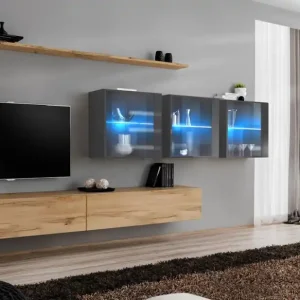 Wohnwand mit zwei TV-Unterschränke Balestrand 271, Farbe: Eiche Wotan / Grau - Abmessungen: 150 x 340 x 40 cm (H x B x T), mit Push-to-open Funktion Neu