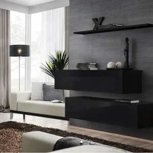 2er Set TV-Unterschränke mit Wandregal Balestrand 338, Farbe: Schwarz - Abmessungen: 110 x 130 x 30 cm (H x B x T), mit vier Fächern Garantierte Lieferung