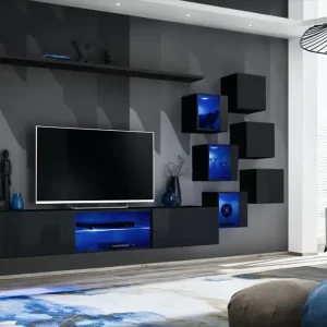 Aktuell Wohnwand mit genügend Stauraum Volleberg 02, Farbe: Schwarz - Abmessungen: 140 x 260 x 40 cm (H x B x T), mit drei Hängevitrinen