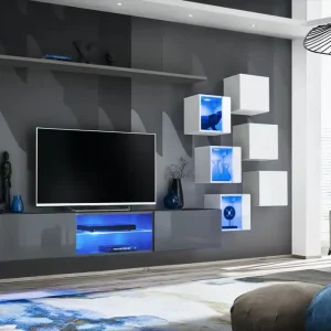 Bestpreis Wohnwand mit Push-to-open Funktion Volleberg 08, Farbe: Grau / Weiß - Abmessungen: 140 x 260 x 40 cm (H x B x T), mit drei Hängeschränke und drei Hängevitrinen