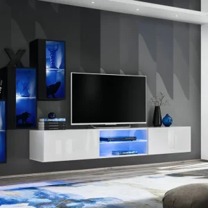 Edle Wohnwand mit LED-Beleuchtung Volleberg 22, Farbe: Schwarz / Weiß - Abmessungen: 120 x 210 x 40 cm (H x B x T), mit genügend Stauraum Expressversand