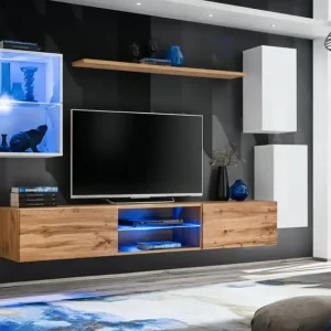 Wohnwand mit genügend Stauraum Volleberg 44, Farbe: Weiß / Eiche Wotan - Abmessungen: 140 x 250 x 40 cm (H x B x T), mit Push-to-open Funktion Angebot