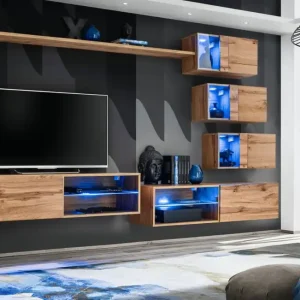 Saisonangebot Elegante Wohnwand Volleberg 52, Farbe: Eiche Wotan - Abmessungen: 150 x 250 x 40 cm (H x B x T), mit Push-to-open Funktion