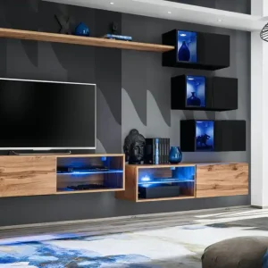 Markenware Wohnwand Wohnzimmer Volleberg 61, Farbe: Eiche Wotan / Schwarz - Abmessungen: 150 x 250 x 40 cm (H x B x T), mit drei Hängevitrinen