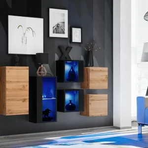 Gratis Versand Hängeschränke / Hängevitrinen mit sechs Türen Volleberg 109, Farbe: Eiche Wotan / Schwarz - Abmessungen: 80 x 150 x 25 cm (H x B x T), mit Push-to-open Funktion