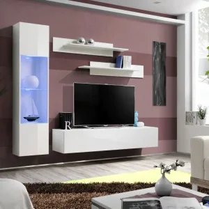 Wohnwand mit LED-Beleuchtung Hompland 70, Farbe: Weiß - Abmessungen: 170 x 210 x 40 cm (H x B x T), mit Push-to-open Funktion Markenprodukt