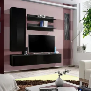 Wohnwand hängend Hompland 76, Farbe: Schwarz - Abmessungen: 170 x 160 x 40 cm (H x B x T), mit Push-to-open Funktion Letzte Chance