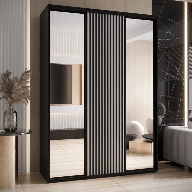 Heißes Angebot Spiegelschrank Mina in Schwarz/Weiß, auch für Wohnzimmer geeignet, Anti Staubbürsten, schwarze Metallgriffe, platzsparend, 235,2 x 180 x 60 cm