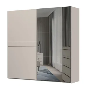 Letzte Chance Schiebetürenschrank mit genügend Stauraum Neiafu 91, Farbe: Kaschmir, Soft-Close-Funktion, eine Spiegeltür, vier Kleiderstangen, zwölf Fächer