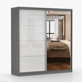 Sofort Bestellen Schiebetürenschrank / Kleiderschrank mit Spiegel Weiß / Grau | Gorski 31 | 218 x 203 x 61 cm | 2 Türen | 6 Fächer | viel Stauraum | Zweifarbig