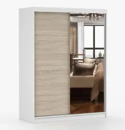 Preisreduziert Schiebetürenschrank / Kleiderschrank mit Spiegel | 200 x 150 x 61 cm | Sonoma Eiche / Weiß | Bucegi22 | 2 Türen | Griffe: Aluminium | 6 Fächer