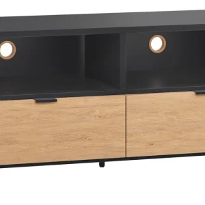 Abverkauf TV-Unterschrank Leoncho 36, Farbe: Schwarz / Eiche - Abmessungen: 56 x 120 x 47 cm (H x B x T)