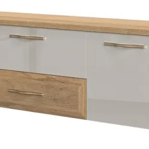 Garantierte Lieferung TV-Unterschrank Gataivai 25, Farbe: Beige Hochglanz / Walnuss - Abmessungen: 48 x 184 x 46 cm (H x B x T)
