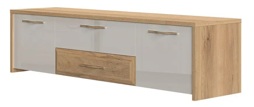 Garantierte Lieferung TV-Unterschrank Gataivai 25, Farbe: Beige Hochglanz / Walnuss - Abmessungen: 48 x 184 x 46 cm (H x B x T)