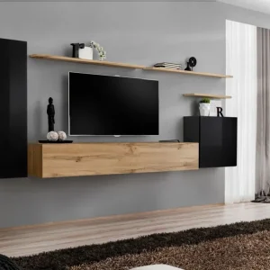 Wohnwand mit Stylischen Design Balestrand 14, Farbe: Schwarz / Eiche Wotan - Abmessungen: 160 x 330 x 40 cm (H x B x T), mit Push-to-open Funktion Sonderangebot