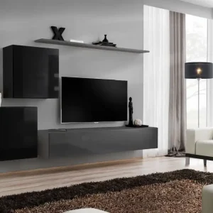 Elegante Wohnwand Balestrand 74, Farbe: Schwarz / Grau - Abmessungen: 150 x 250 x 40 cm (H x B x T), mit sieben Fächern Preisreduziert