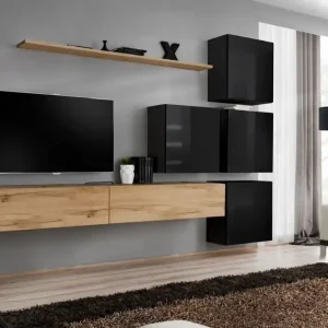 Elegante Wohnwand Balestrand 141, Farbe: Eiche Wotan / Schwarz - Abmessungen: 200 x 310 x 40 cm (H x B x T), mit 12 Fächern Expressversand