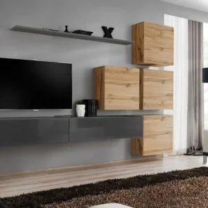 Begrenztes Angebot Wohnwand im modernen Design Balestrand 144, Farbe: Grau / Eiche Wotan - Abmessungen: 200 x 310 x 40 cm (H x B x T), mit sechs Türen