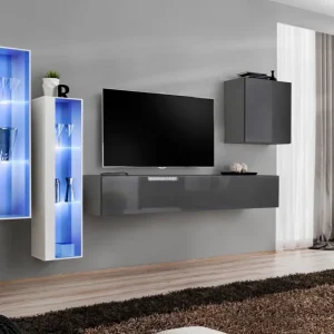 Kracherpreis Elegante Wohnwand Balestrand 199, Farbe: Weiß / Grau - Abmessungen: 160 x 330 x 40 cm (H x B x T), mit fünf Türen und 14 Fächern