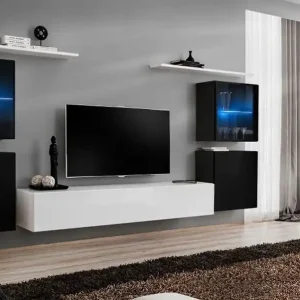 Versand Am Gleichen Tag Elegante Wohnwand Balestrand 214, Farbe: Schwarz / Weiß - Abmessungen: 160 x 320 x 40 cm (H x B x T), mit Push-to-open Funktion