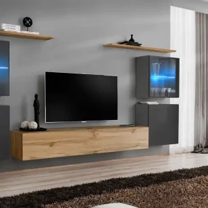 Neu Im Sortiment Wohnwand mit Push-to-open Funktion Balestrand 224, Farbe: Grau / Eiche Wotan - Abmessungen: 160 x 320 x 40 cm (H x B x T)