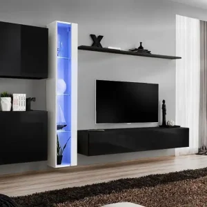 Außergewöhnliche Wohnwand Balestrand 245, Farbe: Weiß / Schwarz - Abmessungen: 180 x 330 x 40 cm (H x B x T), mit fünf Türen und 15 Fächern Sale