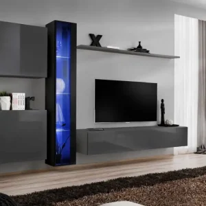 Neu Im Sortiment Wohnwand im eleganten Stil Balestrand 250, Farbe: Schwarz / Grau - Abmessungen: 180 x 330 x 40 cm (H x B x T), mit LED-Beleuchtung