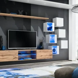 Mega-Angebot Helle Wohnwand Volleberg 11, Farbe: Eiche Wotan / Weiß - Abmessungen: 140 x 260 x 40 cm (H x B x T), mit drei Hängevitrinen