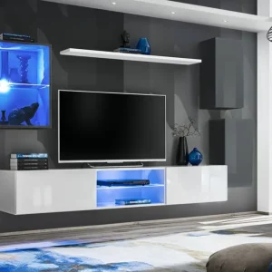 Wohnwand hängend Volleberg 40, Farbe: Grau / Weiß - Abmessungen: 140 x 250 x 40 cm (H x B x T), mit Push-to-open Funktion Neu Im Sortiment