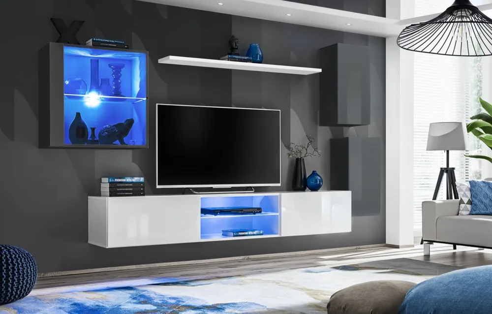 Wohnwand hängend Volleberg 40, Farbe: Grau / Weiß - Abmessungen: 140 x 250 x 40 cm (H x B x T), mit Push-to-open Funktion Neu Im Sortiment