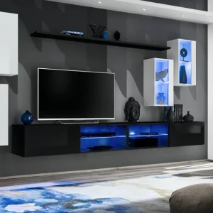 Wohnzimmerwand im modernen Design Volleberg 69, Farbe: Weiß / Schwarz - Abmessungen: 150 x 280 x 40 cm (H x B x T), mit zwei Hängevitrinen Neuheit