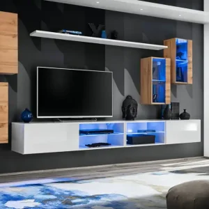 Jetzt Kaufen Wohnwand mit zwei Hängevitrinen Volleberg 75, Farbe: Eiche Wotan / Weiß - Abmessungen: 150 x 280 x 40 cm (H x B x T), mit blauer LED-Beleuchtung