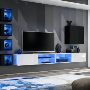 Top-Preis Wohnwand mit acht Türen Volleberg 85, Farbe: Weiß / Schwarz - Abmessungen: 150 x 280 x 40 cm (H x B x T), mit blauer LED-Beleuchtung