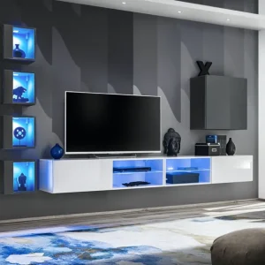 Wohnzimmerwand mit modernen Design Volleberg 87, Farbe: Weiß / Grau - Abmessungen: 150 x 280 x 40 cm (H x B x T), mit acht Türen Preiswert