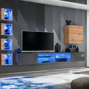 Ausverkauf Außergewöhnliche Wohnwand Volleberg 96, Farbe: Grau / Eiche Wotan - Abmessungen: 150 x 280 x 40 cm (H x B x T), mit genügend Stauraum