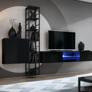 Kracherpreis Dunkle Wohnwand Valand 22, Farbe: Schwarz - Abmessungen: 175 x 270 x 40 cm (H x B x T), mit blauer LED-Beleuchtung