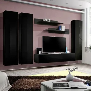 Versand Am Gleichen Tag Dunkle Wohnwand Hompland 24, Farbe: Schwarz - Abmessungen: 170 x 260 x 40 cm (H x B x T), mit genügend Stauraum